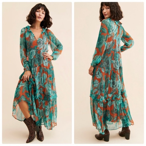Anthropologie The Marais Printed Chiffon Maxi Dress Long Sleeve Green Orange - Picture 1 of 14
